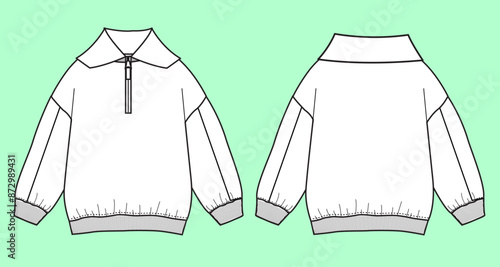 Zip through funnel neck sweatshirt flat sketch vector. 