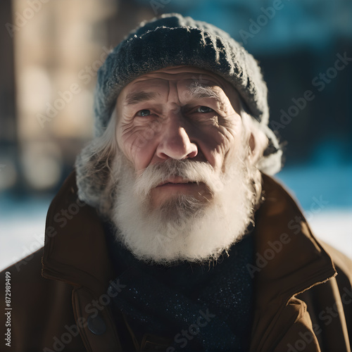 a handsome senior man in a winter coat standing in the snow