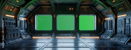 This 3D rendering shows a dark spaceship interior with blue and red lights glowing at a distance. This is a futuristic spacecraft with a large window which offers views of the Earth from space.