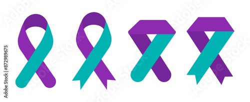 Suicide Prevention Awareness Ribbon Collection. Teal and Purple Loop Set.