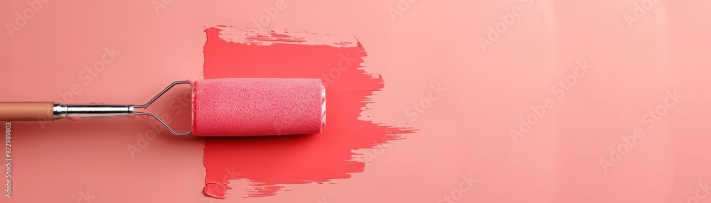 Obraz premium Close-up of a paint roller applying red paint on a light pink wall, showing a smooth and vibrant transition. Ideal for home renovation themes.