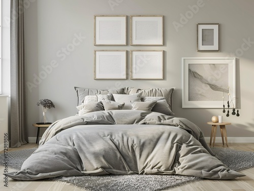 Detailed 3D rendering of a modern bedroom interior featuring a cozy gray bedding set with fluffy pillows, surrounded by empty picture frames of various sizes hanging on a neutral-toned wall