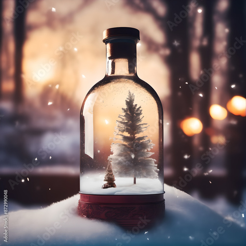 a surreal picture of snow and winter inside a bottle