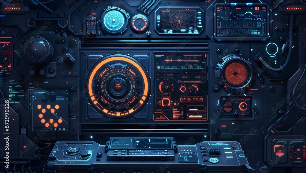 Digital interface of a shuttle spacecraft. Aim system. Futuristic aiming concept. 3D rendering. Digital interface of a shuttle spacecraft. Aim system. Futuristic aiming concept. 3D rendering.