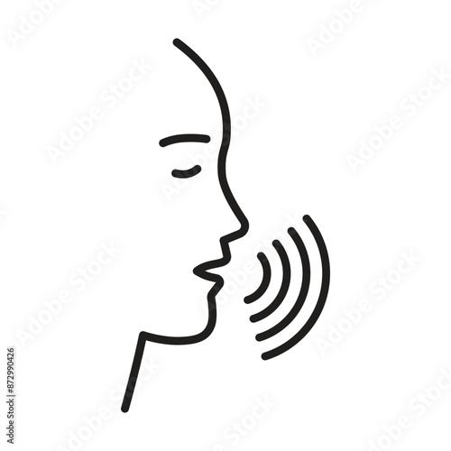 A head with sound waves near the mouth, a linear icon of a voice picking, a concept of singing or talking.