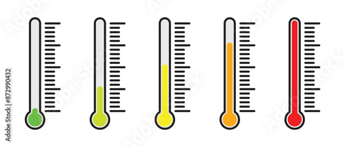 A set of colorful thermometers with a scale and various temperature indicators, temperature measurement icons.