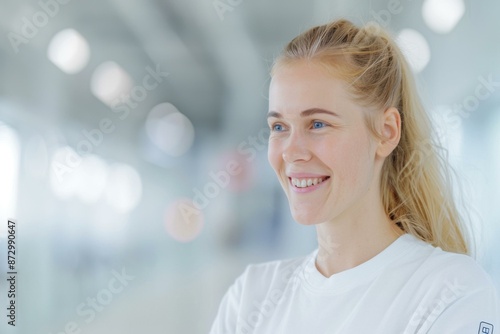 A smiling person with blonde hair wearing a white shirt in a brightly lit environment. Free Download A smiling person with blonde hair wearing a white shirt in a brightly lit environment. - GFXLoad