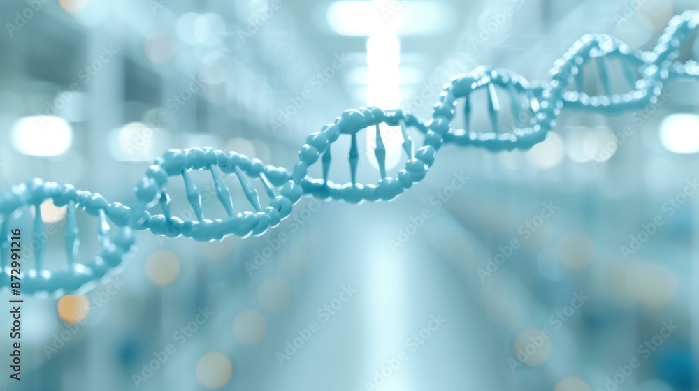 A close-up view of a DNA strand in a high-tech laboratory setting, with a softly blurred background of lab equipment and bright lights. A close-up view of a DNA strand in a high-tech laboratory setting, with a softly blurred background of lab equipment and bright lights.