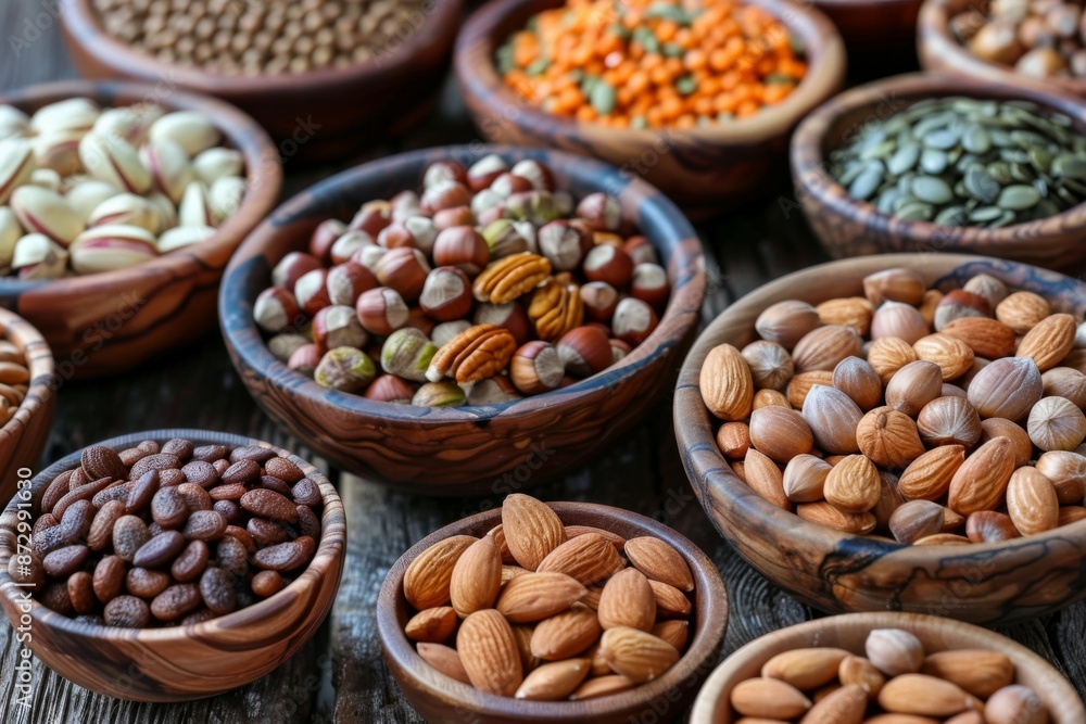 Assorted Nuts and Seeds in Wooden Bowls Assorted Nuts and Seeds in Wooden Bowls