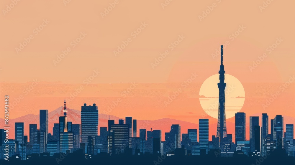 A beautiful silhouette of a city skyline at sunset with a large red sun in the background, creating a mesmerizing afterglow over the world A beautiful silhouette of a city skyline at sunset with a large red sun in the background, creating a mesmerizing afterglow over the world