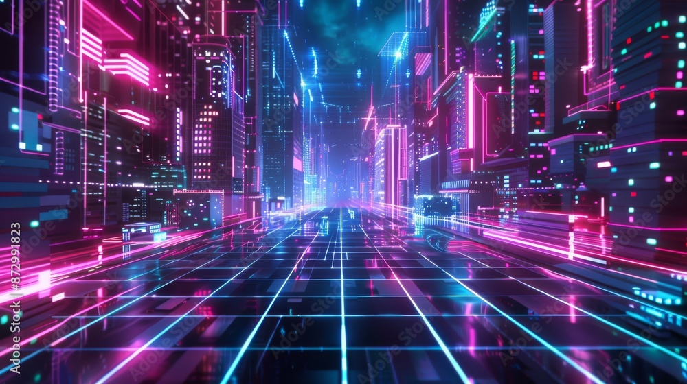 A futuristic cyberpunk neon city night background created using stock A futuristic cyberpunk neon city night background created using stock