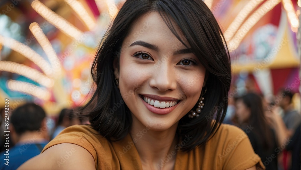 A young Asian woman with short black hair, smiling happily with a colorful fair background, highlighting a vibrant and cheerful atmosphere. A young Asian woman with short black hair, smiling happily with a colorful fair background, highlighting a vibrant and cheerful atmosphere.