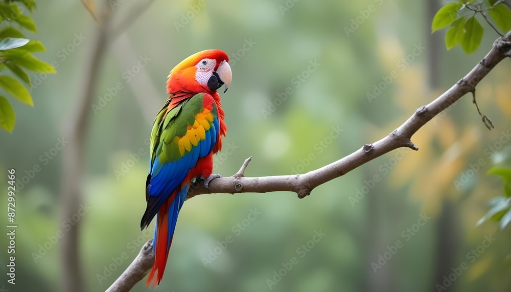 Obraz premium A beautiful colourful parrot is sitting in a tree branch behind it blurred view of forest