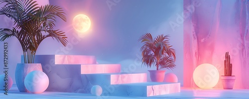 Minimalist podium in a pastel setting, moonlight illuminating abstract objects, potted plants, and a palm.