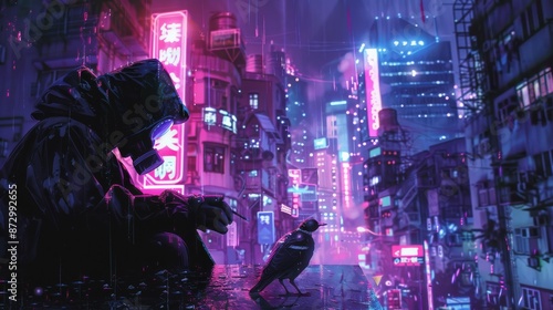 Illustration of a man with a gas mask feeding a bird at night in a futuristic city with old buildings, digital art style, illustration