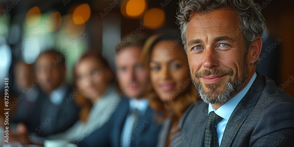 In a corporate meeting, confident professionals collaborate, smiling and discussing business strategies, fostering teamwork and success In a corporate meeting, confident professionals collaborate, smiling and discussing business strategies, fostering teamwork and success