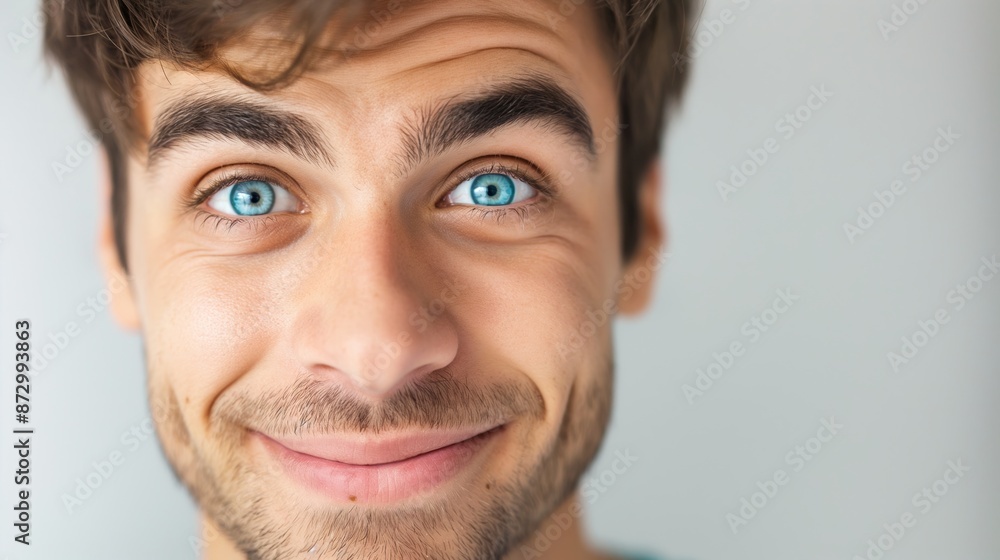 A man with a blue eye is smiling. The man's eyes are open wide and his mouth is slightly open A man with a blue eye is smiling. The man's eyes are open wide and his mouth is slightly open