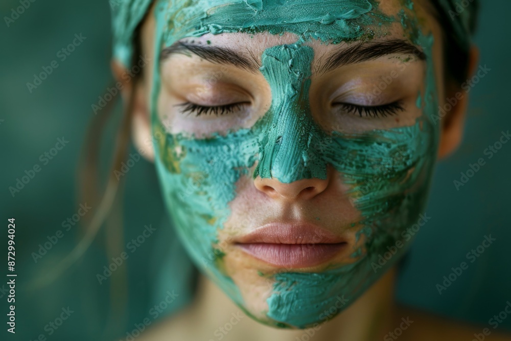 Close-Up of Woman with Green Clay Facial Mask Close-Up of Woman with Green Clay Facial Mask