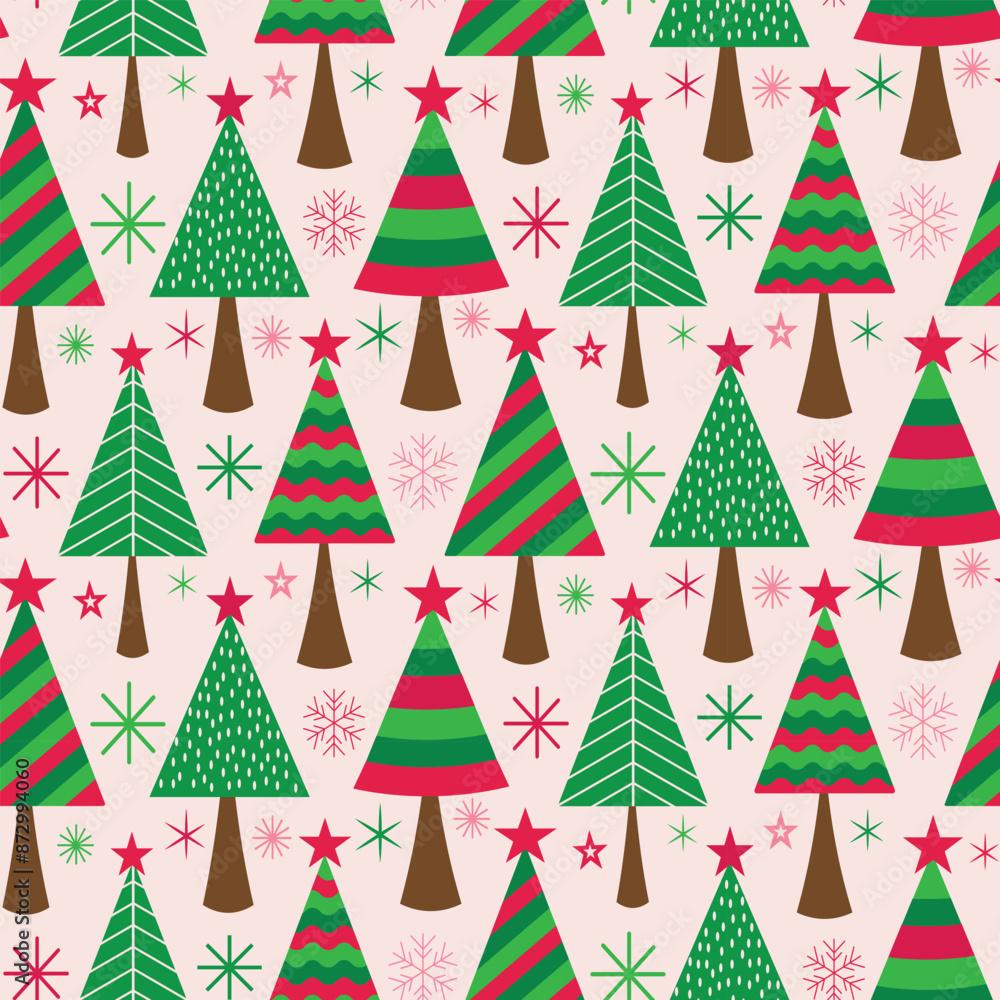 Geometric Minimalist Scandinavian Christmas trees seamless pattern with snowflakes and stars in green and red on white background. For Christmas wrapping paper, greeting cards and fabric Geometric Minimalist Scandinavian Christmas trees seamless pattern with snowflakes and stars in green and red on white background. For Christmas wrapping paper, greeting cards and fabric