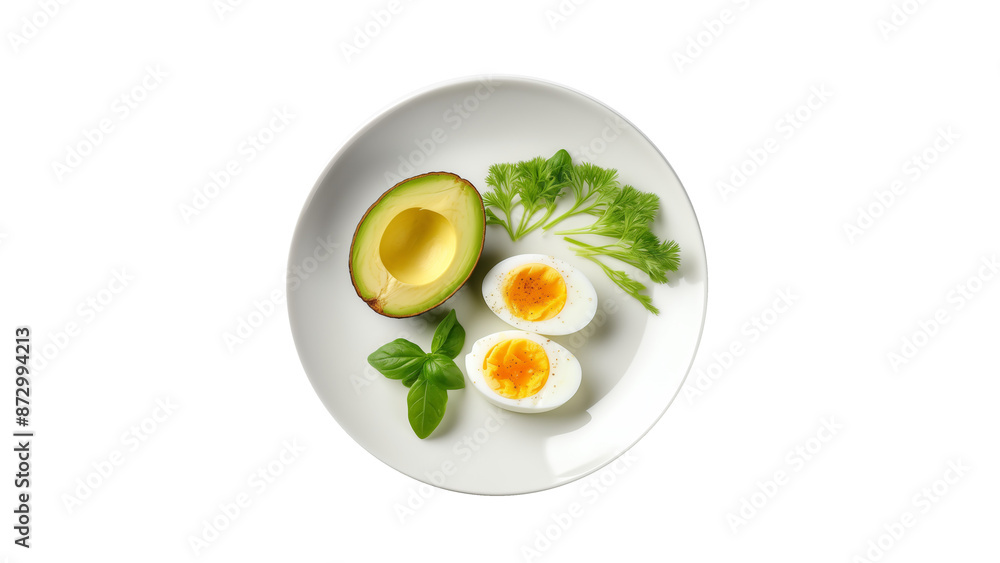 Breakfast plate top view. Avocado with eggs on plate cutout Breakfast plate top view. Avocado with eggs on plate cutout
