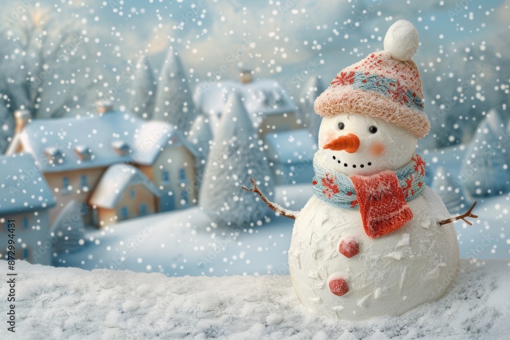 Fototapeta premium Charming Snowman in a Winter Wonderland with Snow-Covered Houses and Trees in the Background