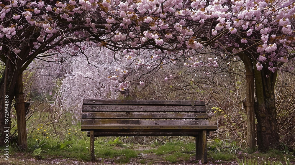 Serene Spring Moment: Wooden Bench under Cherry Blossoms Canopy Serene Spring Moment: Wooden Bench under Cherry Blossoms Canopy