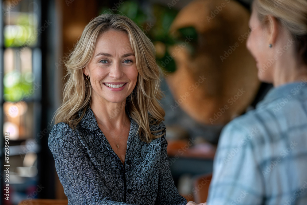 Middle-aged Businesswoman Smiling During a Casual Business Meeting in a Bright Indoor Setting Middle-aged Businesswoman Smiling During a Casual Business Meeting in a Bright Indoor Setting