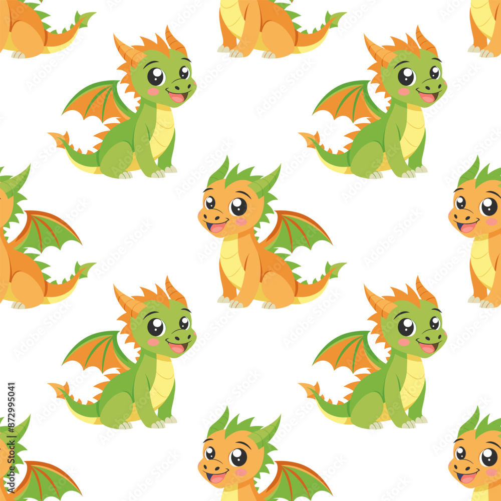 Naklejka premium Seamless pattern, cute colorful dragons on a white background. Cute cartoon dinosaurs. Design for textiles, print
