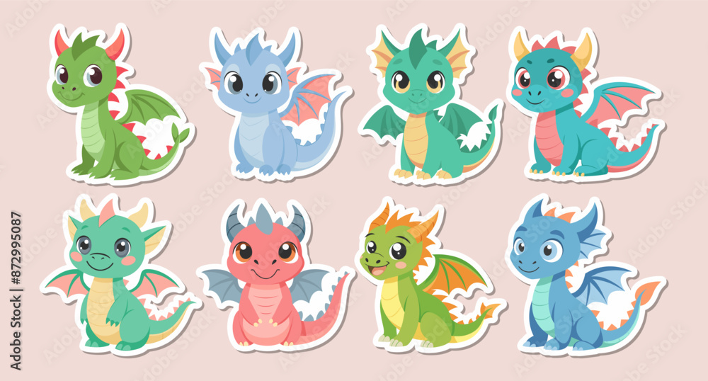 Set of cute cartoon baby dragons. Little dragons or cute dinosaur characters. Fairytale monsters. Stickers, icons, print Set of cute cartoon baby dragons. Little dragons or cute dinosaur characters. Fairytale monsters. Stickers, icons, print