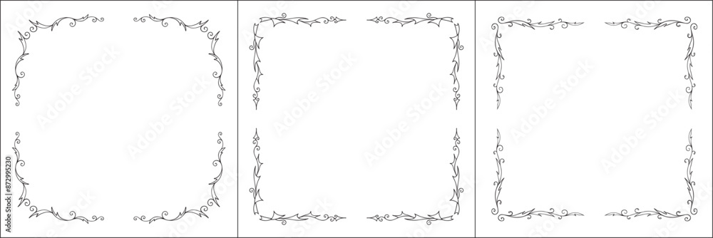 Set of three thin vector decorative frames. Black and white. Vector frame for all sizes and formats. Isolated vector illustration. Set of three thin vector decorative frames. Black and white. Vector frame for all sizes and formats. Isolated vector illustration.