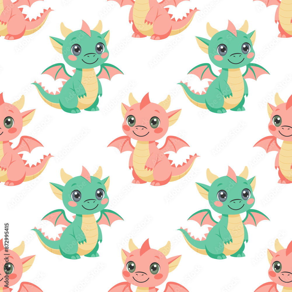 Seamless pattern, cute colorful dragons on a white background. Cute cartoon dinosaurs. Design for textiles, print Seamless pattern, cute colorful dragons on a white background. Cute cartoon dinosaurs. Design for textiles, print