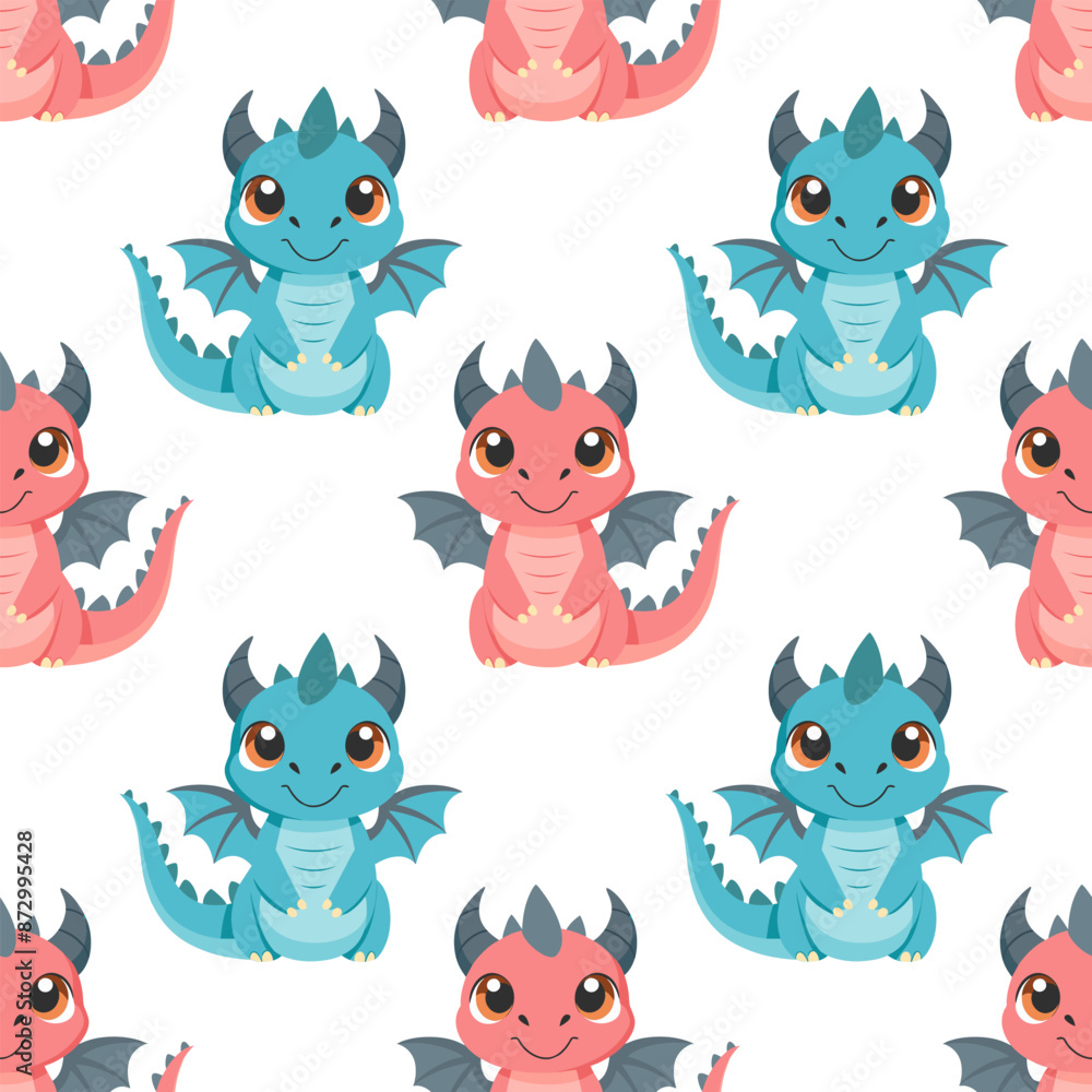 Obraz premium Seamless pattern, cute colorful dragons on a white background. Cute cartoon dinosaurs. Design for textiles, print