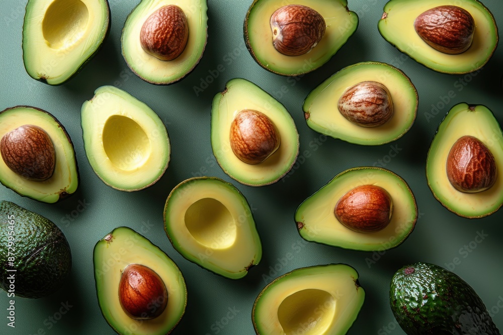 Fresh Avocado Halves and Whole Avocados on Green Background - Healthy Food Concept Fresh Avocado Halves and Whole Avocados on Green Background - Healthy Food Concept