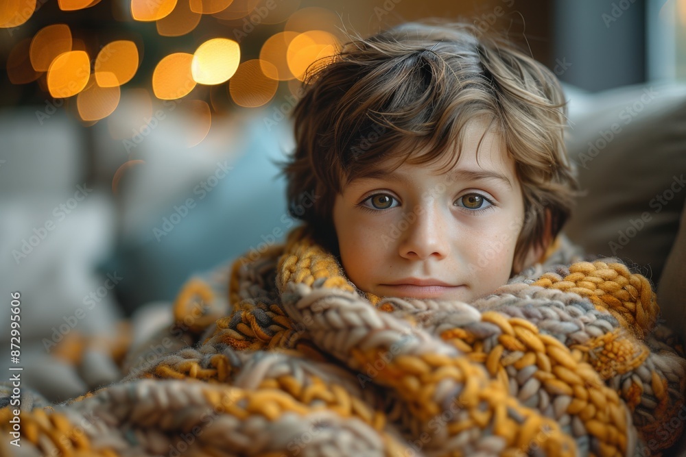 A young child with big eyes cozily wrapped in a large knitted blanket indoors, sitting by a softly lit background. This image captures innocence, warmth, and comfort. A young child with big eyes cozily wrapped in a large knitted blanket indoors, sitting by a softly lit background. This image captures innocence, warmth, and comfort.