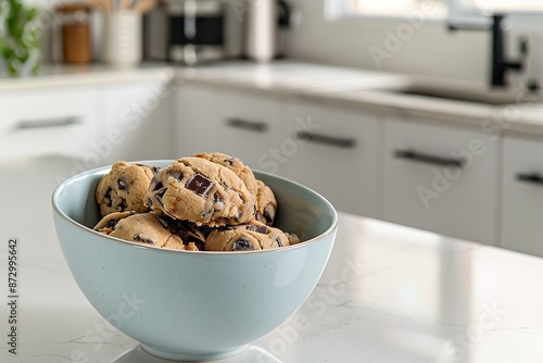 Bowl of chocolate chip cookies on kitchen counter, inviting snac photo