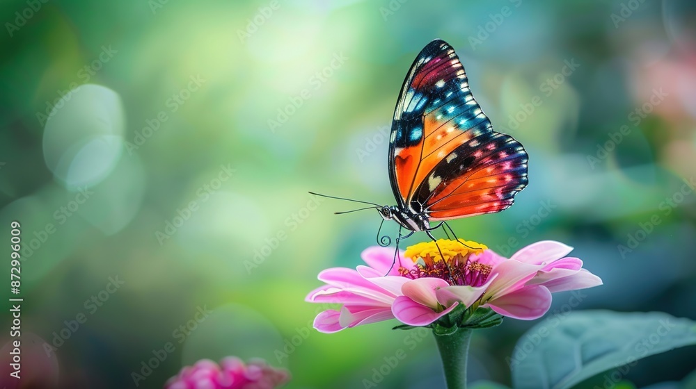 Vivid Butterfly Perched on Pink Blossom with Lush Green Bokeh Background Vivid Butterfly Perched on Pink Blossom with Lush Green Bokeh Background