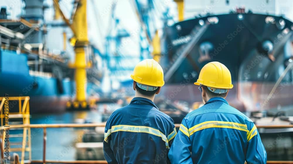 Shipyard workers in front of a big ship Shipyard workers in front of a big ship