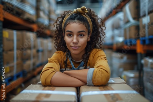 A young woman in a warehouse setting leans on stacked boxes, looking thoughtful. The scene portrays diligence, contemplation, and the efficiency of modern logistics.