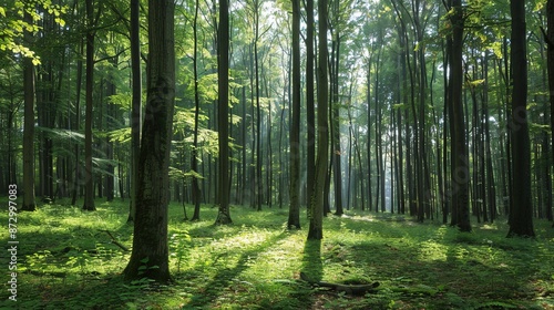 Tranquil Forest Canopy: A Verdant Oasis of Tall Trees Embracing Nature's Serenity