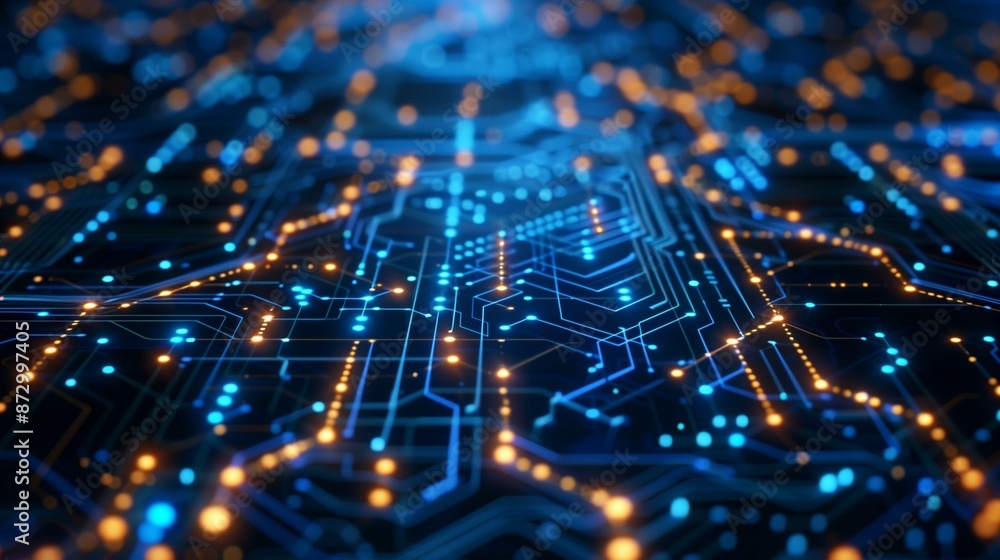 Blue orange glowing computer circuit board, connection web internet hardware Blue orange glowing computer circuit board, connection web internet hardware