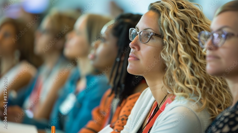 Obraz premium Group women sitting in conference room listening to presentation, indoors intelligent inspiration