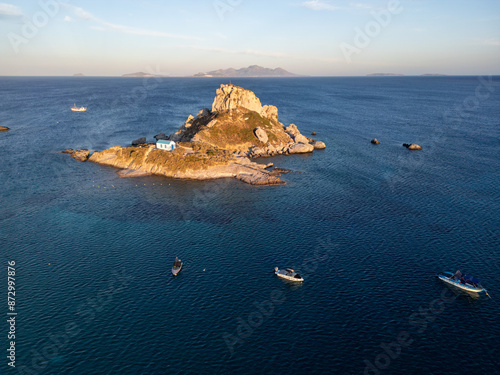 Aerial view of Kastri islet during sunset, Kos island, Greece.  photo