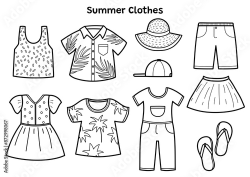 Summer clothes black and white set with t-shirt, dress, Hawaiian shirt, skirt and more. Summer season outfit collection in outline. Vector illustration