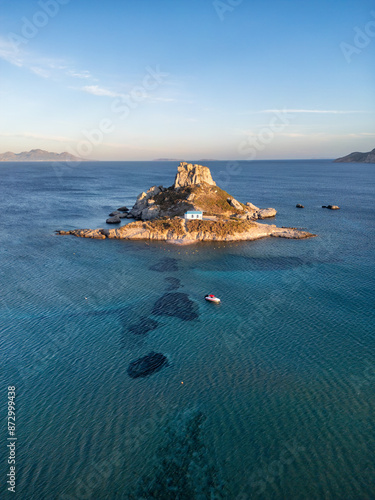 Aerial view of Kastri islet during sunset, Kos island, Greece.  photo