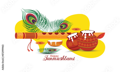 Happy Janmashtmi festival banner template design with dahi handi, peacock feather and Flute
