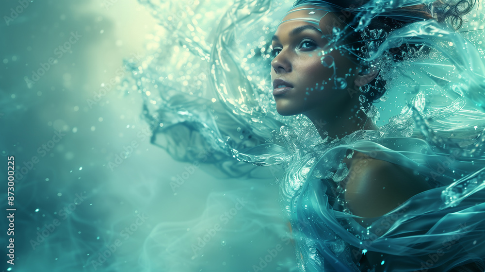 A serene woman immersed in a swirling cascade of blue water and futuristic elements, symbolizing calm and innovation. A serene woman immersed in a swirling cascade of blue water and futuristic elements, symbolizing calm and innovation.
