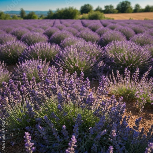 "A field of blooming lavender under a bright blue sky"