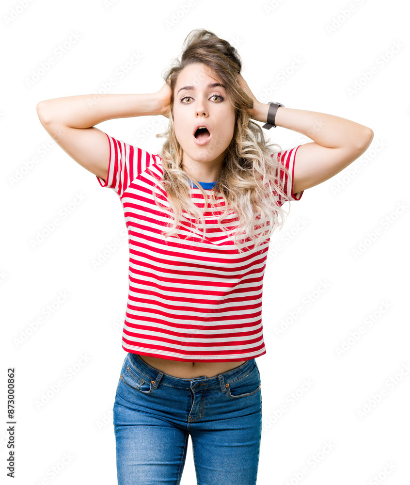 Beautiful young blonde woman over isolated background Crazy and scared with hands on head, afraid and surprised of shock with open mouth Beautiful young blonde woman over isolated background Crazy and scared with hands on head, afraid and surprised of shock with open mouth