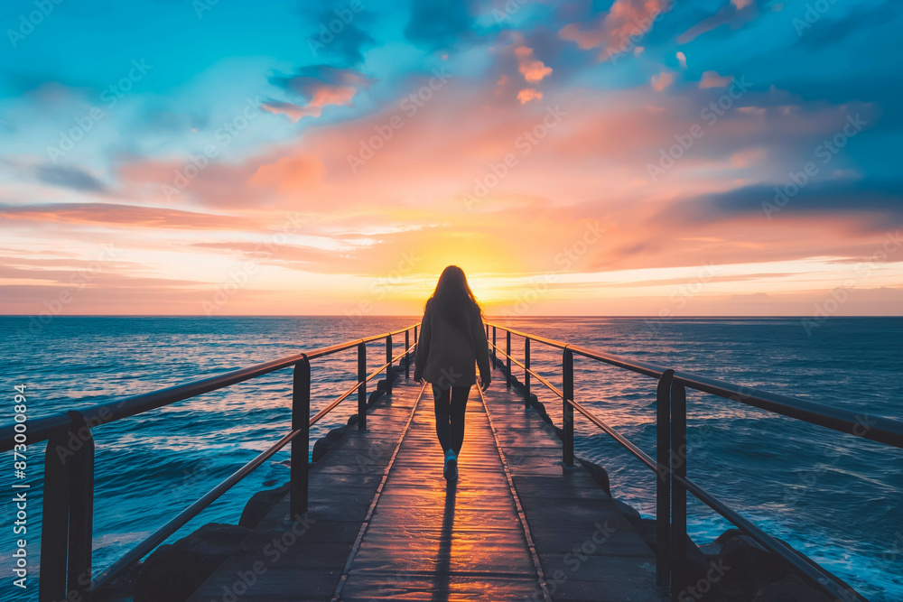 Obraz premium A woman walking along a pier at sunset, with the ocean stretching out before her.
