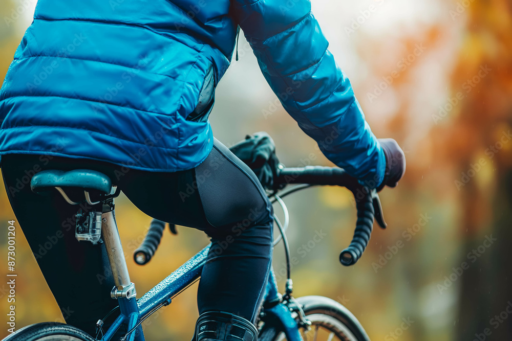 A person wearing a blue jacket and black leggings riding a blue bicycle in an autumn setting. A person wearing a blue jacket and black leggings riding a blue bicycle in an autumn setting.